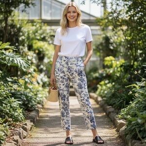 J McLaughlin Alma Pant Heron white with navy Toile printed denim pants SZ-4